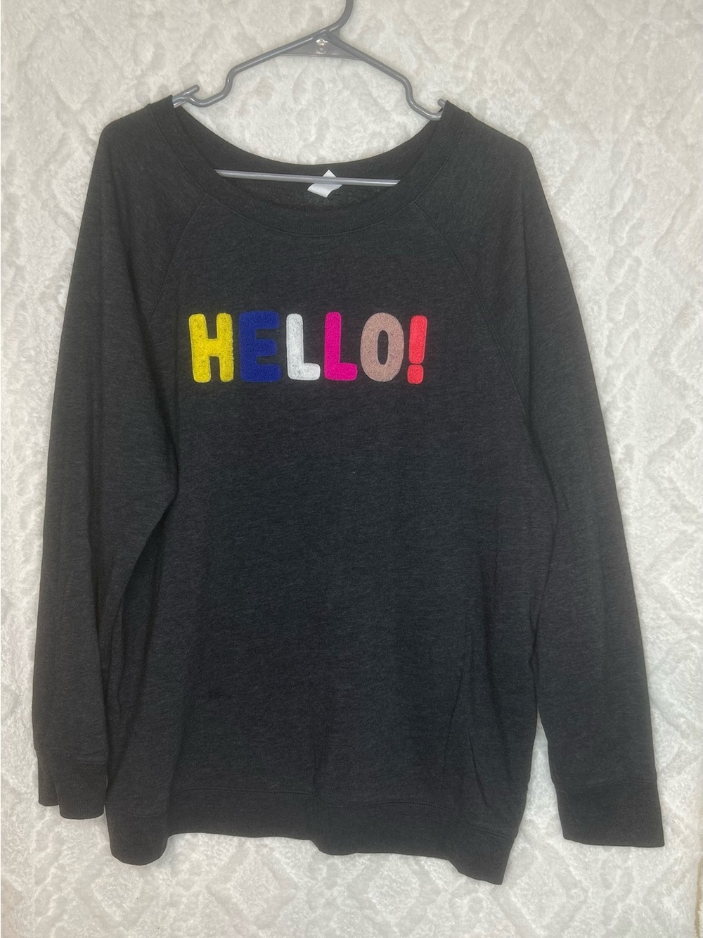 Old Navy Women’s Charcoal Gray Sweatshirt with Colorful "HELLO!" Graphic